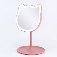 Cermin Meja Kamar Mandi Berlampu LED dengan Bingkai Kaca Bercahaya Kartun Pink, Cermin Kucing, Cermin Rias