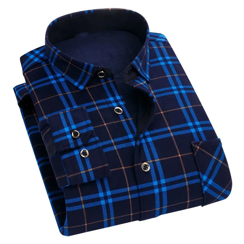 Camisa abotonada de poliéster de fábrica SevenDosong para hombre, camisa a cuadros de manga larga de Color sólido grueso cálido a la moda para hombre de talla grande