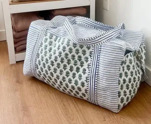 Luxury Block Printed Cotton Duffel <b>Bag</b> for Women Hand Luggage Washable Beach <b>Overnight</b> Travel Market Shopping Gift <b>Bag</b> - Product Image 3