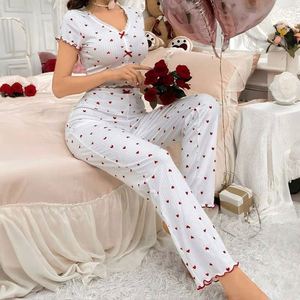 I-0630 Factory <b>Women</b> Sleepwear Heart-Shape Printed Breathable V-Neck Bow Breathable High Elastic Waist Short-Sleeved <b>Pajamas</b> - Product Image 2