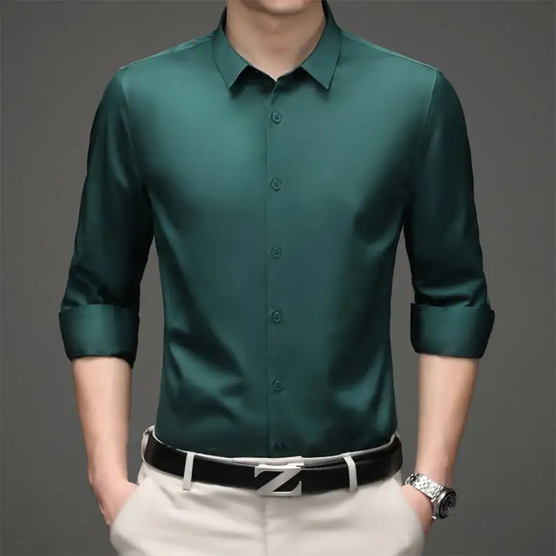 Chemises de bureau extensibles pour hommes, chemise sans repassage pour hommes, chemise à manches longues, professionnelle, coupe ajustée, couleur unie, tenue décontractée coréenne