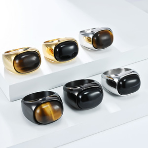 <b>Titanium</b> Steel <b>Ring</b> With Natural Tiger Eye Stone Men's Geometric Design Gift Jewelry - Product Image 1