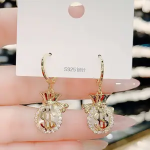 Fashion Lucky Dollar Sign Money Bag Opal Dangle Earrings For Women Personality Creative Jewelry Accessories Gift 2023 Trend New