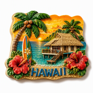 Imán de Resina 3D con Logotipo Personalizado al por Mayor, Imán de Refrigerador Pintado a Mano con Diseño de Cabaña de Playa y Tabla de Surf - Product Image 1