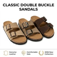 Mules personnalisées pour femmes en cuir suédé véritable avec double boucle, sandales à enfiler confortables à semelle souple en PVC et semelle intérieure plate