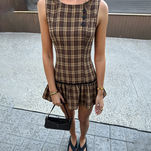 Vintage Plaid Button Patchwork Crew Neck Sleeveless Low Waist Ruched <b>Mini</b> Dress Hot Girl Casual Short Dress - Product Image 4