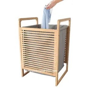 Uso doméstico madeira bambu quadro lona sujo roupas armazenamento portátil dificultador lavanderia cesta