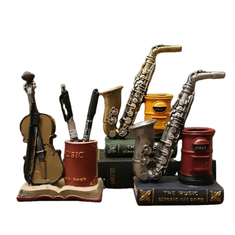 2023 Vintage saxophone violin book decoration resin penholder decoration living room study desktop decoration