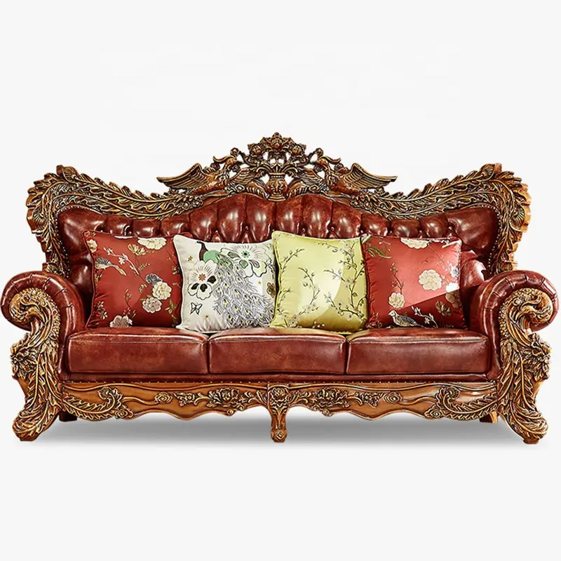 luxury brand design wooden European style sofa luxurious european durable solid wood and leather sofa