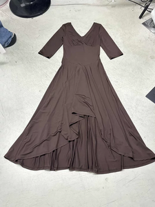 Elegante Vestido Midi de Punto con Corte en A para Mujer, Cuello en V, Manga 3/4, Cintura Alta, Ajuste Delgado, Color Sólido, Asimétrico, Casual, para Fiesta o Viaje - Product Image 2