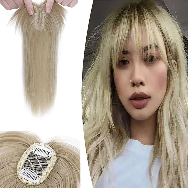 Clip in Topper with Bangs for Women 9 Inch Blonde Human Hair Short Thin Clip on Small Toupee