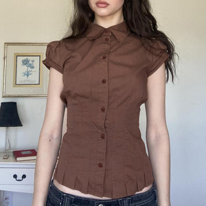 Blusa de Oficina Casual para Mujer, con Mangas Abullonadas, Cuello con Botones, Cintura Ajustada y Pliegues - Product Image 4