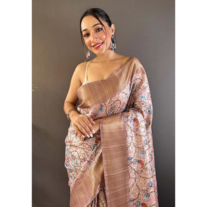 Sari en soie d'Assam rose bébé imprimé Kalamkari avec bordure tissée en zari, écharpe traditionnelle indienne de luxe tissée à la main - Product Image 4