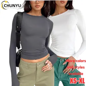 Women's Spring Fashion Casual Slim Fit Solid O-neck Long Sleeve Basic Crop Tops Going Out Workout Tight T Shirt