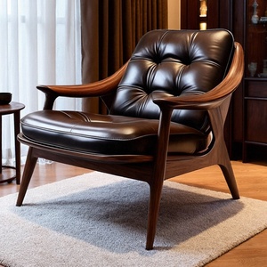 Poltrona Casual in Legno Massello di Noce Nero Nordamericano con <span class=keywords><strong>Seduta</strong></span> in Vera Pelle, Estetica Vintage Stile Dinastia Song, <span class=keywords><strong>Sedia</strong></span> da Soggiorno - Product Image 1