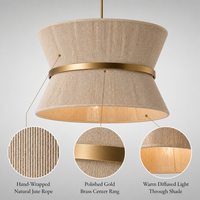Suspension Bohème en Corde de Jute avec Abat-jour Tambour Sablier, Anneau en Laiton Fait Main, Lustre Wabi Sabi, LED Dimmable, Hauteur Réglable