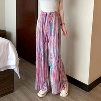 Nouveau style été 2026 – Pantalon large plissé accordéon taille haute décontracté à drapage fluide imprimé tie-dye rayures arc-en-ciel pour le sport