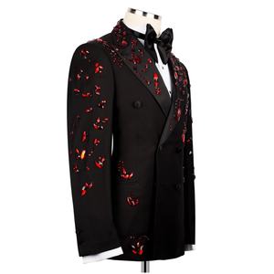 ชุดทักซิโด้ผู้ชายแบบกระดุมสองแถว สีดำแดง ปกแหลมประดับคริสตัล ชุดสูท 2 ชิ้น เสื้อสูทและกางเกง สำหรับโอกาสพิเศษ ไซส์พลัส - Product Image 3