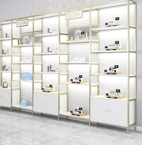 Precio al por mayor <span class=keywords><strong>Barber</strong></span>ía Salón de belleza tienda Gabinete de almacenamiento Estante de exhibición Estante de piso de madera de hierro con LED - Product Image 3