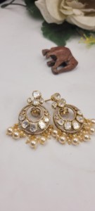 Luxury Handcrafted Kundan Polki Pearl Chandbali Earrings Set Gold Plated Traditional Bridal Statement Earrings for Women - Product Image 2