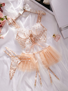 Ensemble de lingerie Chuangerm avec broderie en losanges, jupe tutu, <span class=keywords><strong>soutien</strong></span>-<span class=keywords><strong>gorge</strong></span> sexy à armatures, jarretelles, lingerie de mariée en maille transparente pour boudoir - Product Image 3