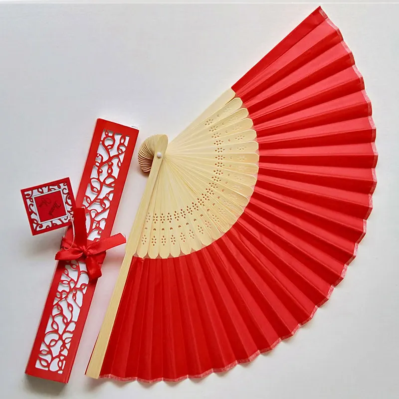 Wedding Invitation Card Souvenir Red Bamboo Hand Fan With Paper Box