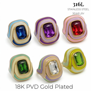 Anillos de Acero Inoxidable 316L al por Mayor, Chapados en <span class=keywords><strong>Oro</strong></span> PVD de 18K, con Banda de Esmalte Colorido y Gran Gema, Joyería de Moda para Mujer - Product Image 2