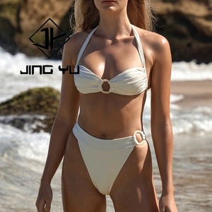 Maillots de bain de haute qualité, anneau en perle d'ivoire et maillot de bain à lacets froncés, bikini en nylon recyclé personnalisé - Product Image 1