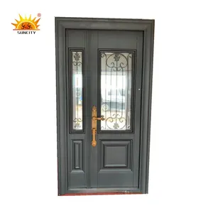 Modern security steel door with half moon glass window insert design