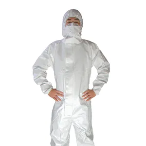 ชุดเสื้อกางเกงป้องกันผ้า PPE สีขาวแบบใช้แล้วทิ้ง5/6ชุดป้องกันแบบใช้แล้วทิ้ง