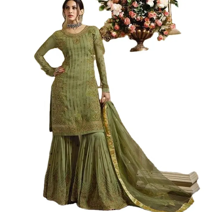 Лучшее качество индийское платье плотная сетка из органзы Вышивка Salwar Kameez Длинные свадебные костюмы Salwar по оптовой цене