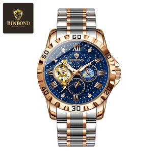 Binbond Men's Automatic Mechanical Watch Tourbillon Moon Phase Stainless Steel Bracelet 50m Waterproof Luminous Wristwatch - Product Image 5