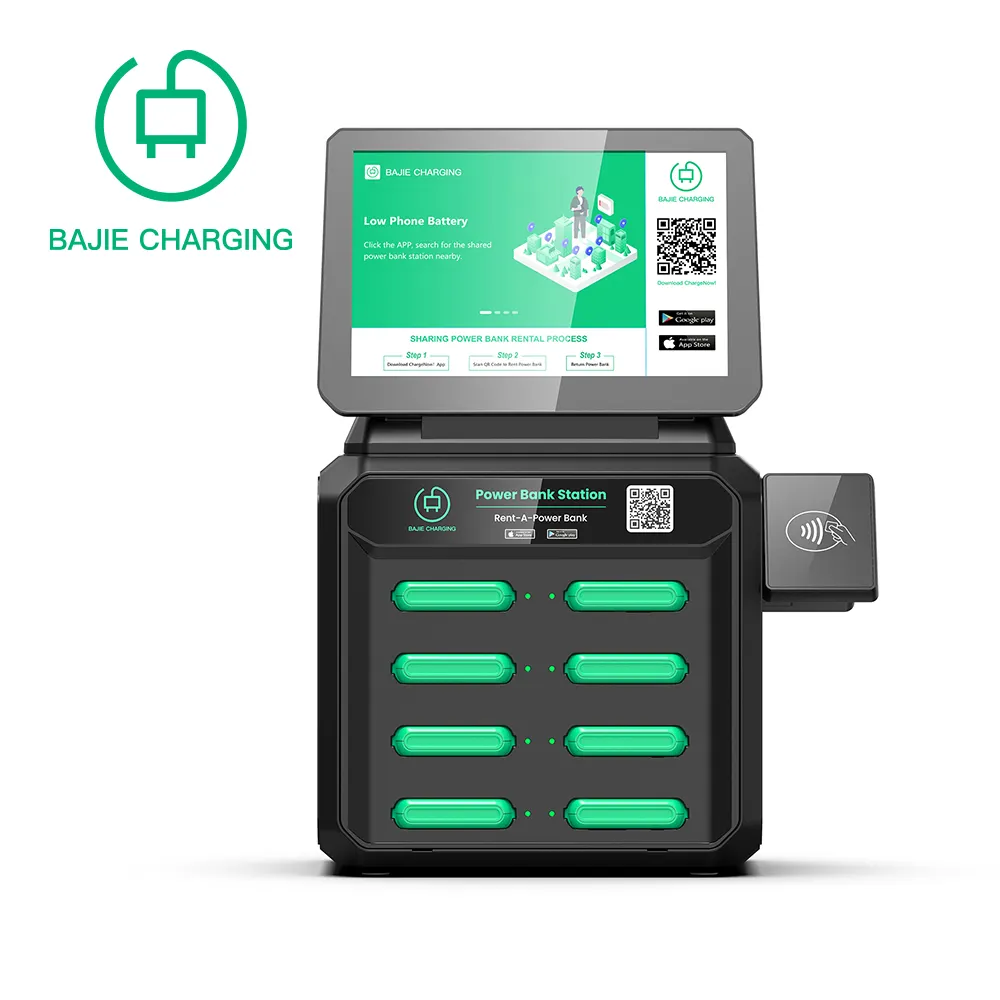 Bajie produits les plus vendus station bancaire de charge de location de 8 emplacements avec écran kiosque de station de charge de téléphone portable