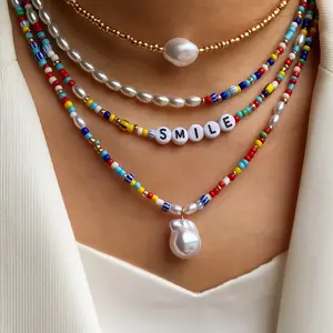 European-american style profiled pearl letter clavicle chain multi-layer combination to wear color bead necklace for women