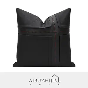 AIBUZHIJIA sarung bantal kulit sintetis, penutup bantal hitam gaya Modern 45x45 Cm, sarung bantal mewah dekorasi rumah