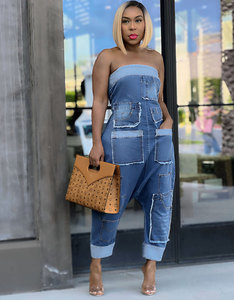 Metodo di tessitura a maglia tuta Cargo in Denim senza spalline da <span class=keywords><strong>donna</strong></span> ampia lunghezza Midi - Product Image 4