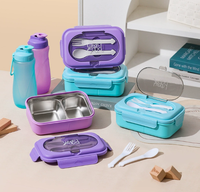 Boîte à lunch isotherme en acier inoxydable avec compartiments en plastique, design à 2 compartiments, fourchette et cuillère, forme rectangulaire, récipient alimentaire pour la conservation de la fraîcheur