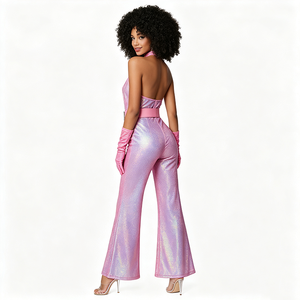 Costume da discoteca anni '70 da <span class=keywords><strong>donna</strong></span>, tuta rosa scintillante con collo all'americana, cintura <span class=keywords><strong>e</strong></span> polsini, vestito elegante retrò a zampa d'elefante - Product Image 3