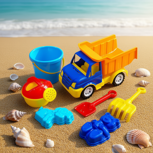 Plastic Kids Beach Tipper Truck Sand Play <b>Set</b> with Bucket Watering Can Shovel Rake Molds - Product Image 2