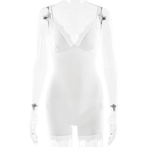 Body pour femmes, couleur unie, garniture en dentelle, haute élasticité, coupe ajustée, vêtements sculptants tricotés FDL1872 - Product Image 5