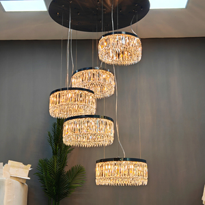 Round Crystal Multi Tier Pendant <b>Light</b> Black Frame Long <b>Chandelier</b> For Duplex Stairwell Villa Hall Lighting - Product Image 4