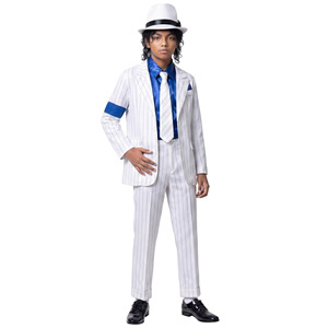 Costume Michael Jackson pour enfants, costume blanc à rayures fines avec chapeau pour spectacle de danse, fête d'Halloween - Product Image 3