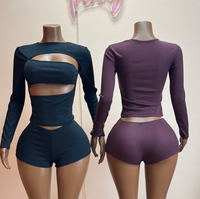 Ensemble 2 pièces sexy ajouré pour femme, couleur unie, col rond, manches longues, crop top slim et short moulant, tenues tendance