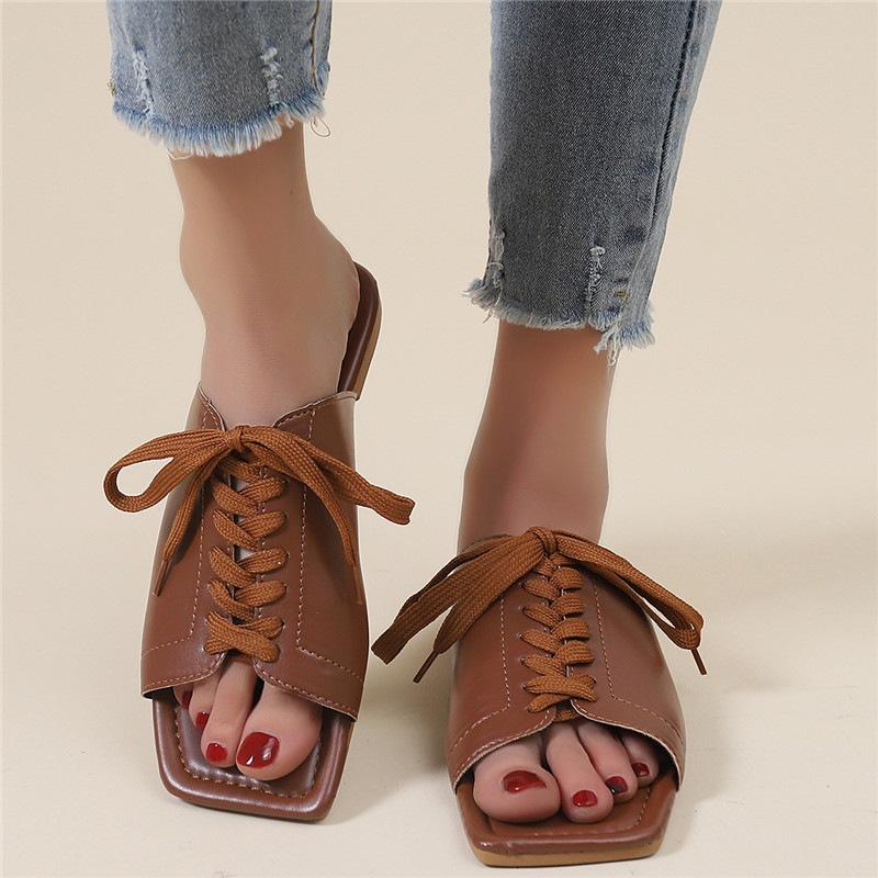 French Design Slippers Lady 2023 Summer Square Head Flat Casual Shoes Rubber PU Slippers