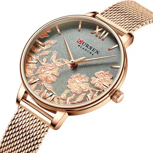 CURREN 9065 jam tangan elegan wanita, arloji kasual Quartz tali Stainless Steel untuk perempuan