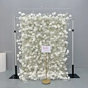 5D Customize Size Wedding Stage Decoration Roll Up Flower Backdrop White Artificial Flower Wall
