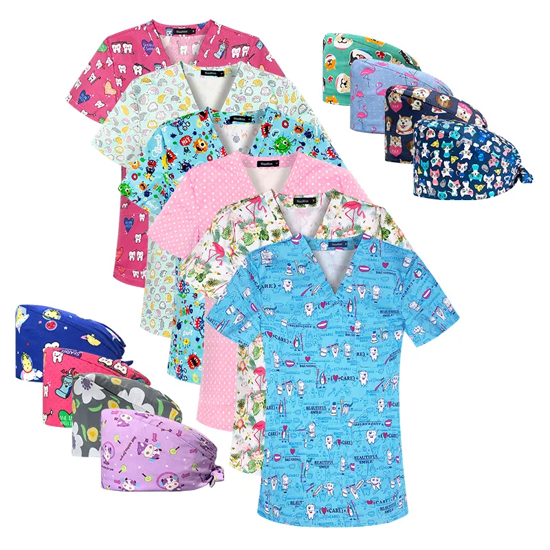 2024 Hot Selling Cotton V-neck Custom Logo African Printed Hospital Nurse Uniform Scrubs Women Nursing Uniforms Printed Top