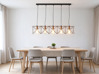 Suspension industrielle linéaire à 5 lumières, cadre en fil métallique géométrique noir, douille E27 or rose, pour îlot de cuisine et salle à manger