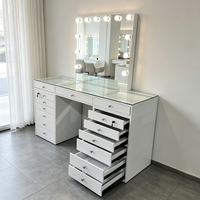 Table de maquillage moderne en acier inoxydable blanc, écologique, avec miroir LED, grand tiroir, station de maquillage pour salon de coiffure