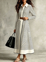 Robe chemise rayée géométrique pour femme, robe midi à manches longues avec col à revers et ceinture, robe élégante de bureau style A-line